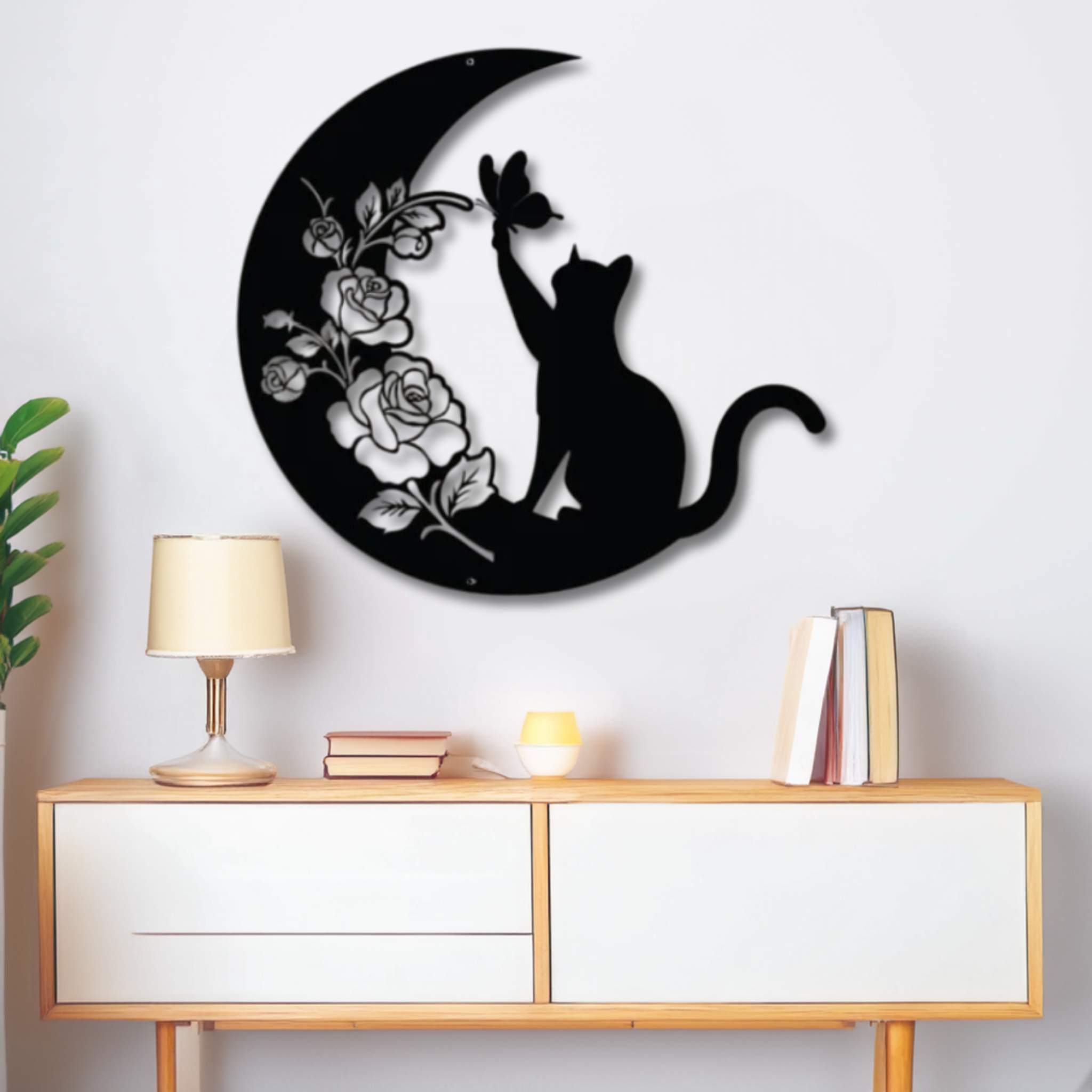 Décoration Jardin Chat Sur La Lune - Silhouette Noire En Métal Forgé, Piquets, Motif Fleur Et Lune, 29.5x27.3 Cm